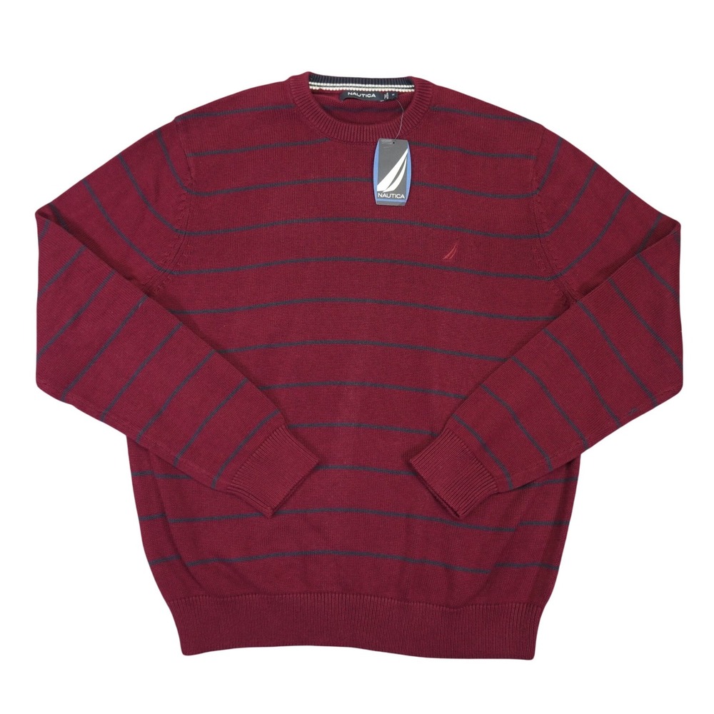 NEW Nautica Sweater Mens Medium Burgundy Red Striped Crewneck Cotton Long Sleeve
